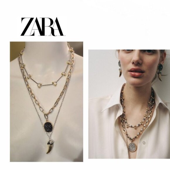 NEW ZARA SET OF 3 MEDALLION HORN NECKLACES - Picture 1 of 8